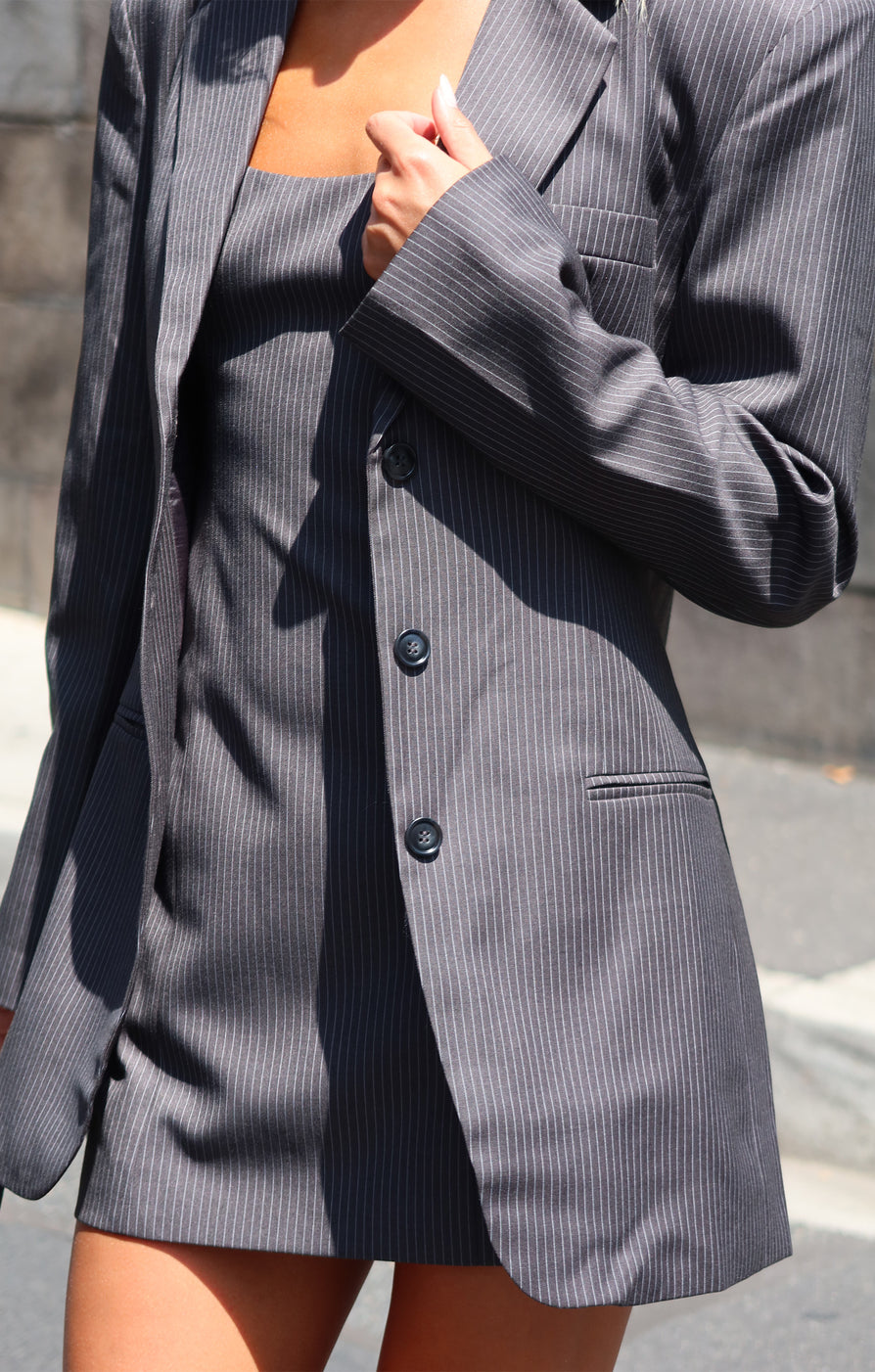 THE SAWYER GREY PINSTRIPE BLAZER | social