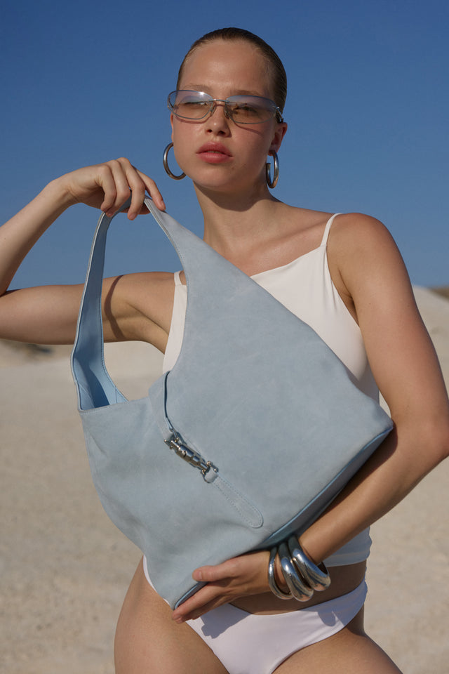 THE PIPER POWDER BLUE SUEDE BAG