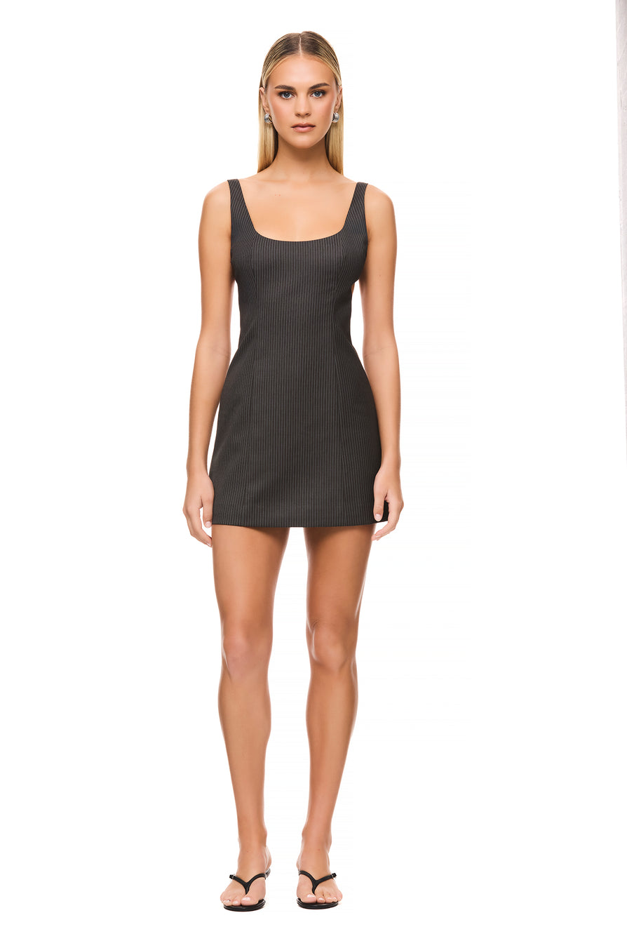THE KRISTEN GREY PINSTRIPE DRESS | MODEL
