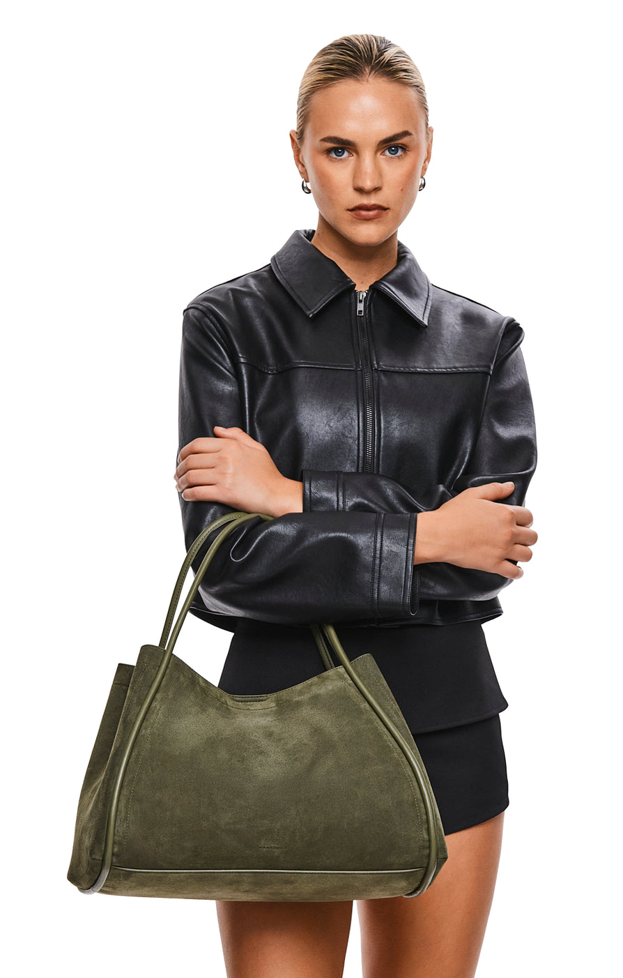 THE NYLA KHAKI SUEDE BAG | MODEL