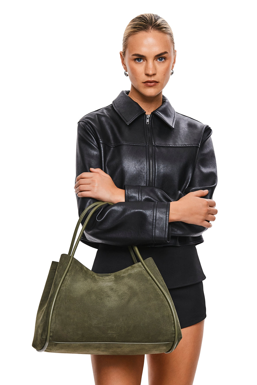 THE NYLA KHAKI SUEDE BAG | MODEL