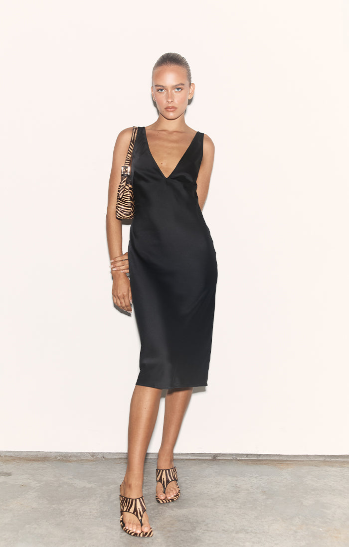 THE SAMMY BLACK SLIP DRESS | model