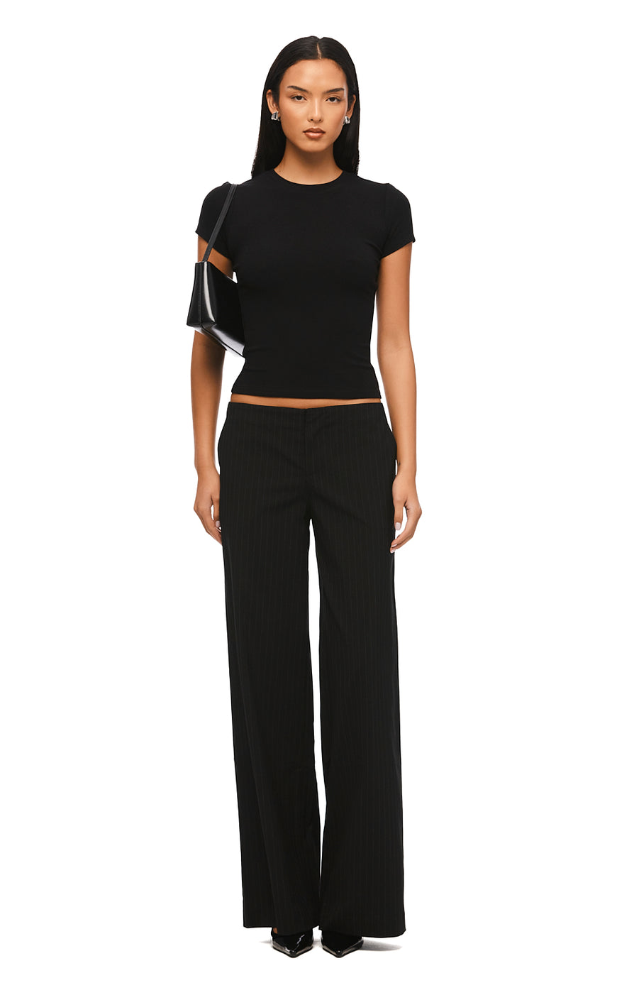 THE HARPER BLACK PINSTRIPE PANT | MODEL