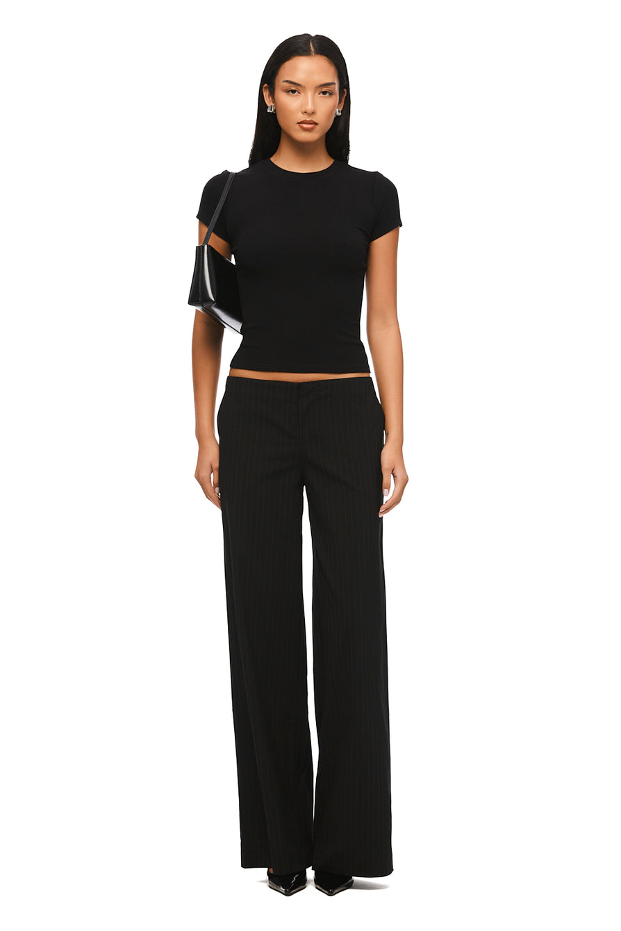 THE HARPER BLACK PINSTRIPE PANT | MODEL