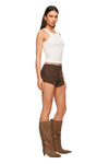 THE STACEY MOCHA FRINGE BOOT | model